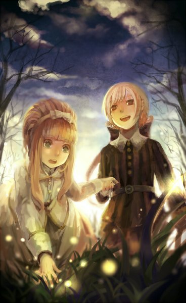 Anime picture 614x1000 with ido e itaru mori e itaru ido sound horizon marchen elisabeth von wettin marz von ludowing rifsom tall image open mouth blonde hair red eyes green eyes sky cloud (clouds) white hair holding hands girl dress boy bow plant (plants)