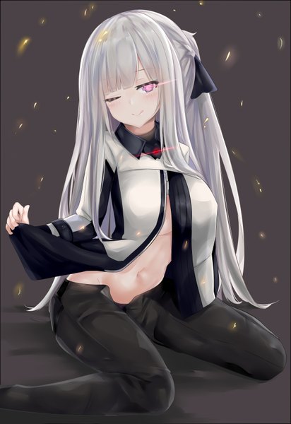 Anime picture 2200x3200 with girls frontline ak-12 (girls frontline) ru zhai single long hair tall image blush fringe highres light erotic simple background smile sitting silver hair ponytail blunt bangs one eye closed pink eyes wink grey background