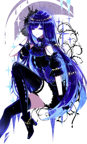 Anime picture 2000x3300 with houseki no kuni lapis lazuli (houseki no kuni) sheya single long hair tall image looking at viewer highres blue eyes smile white background blue hair alternate costume androgynous thighhighs gloves black thighhighs black gloves ascot brooch