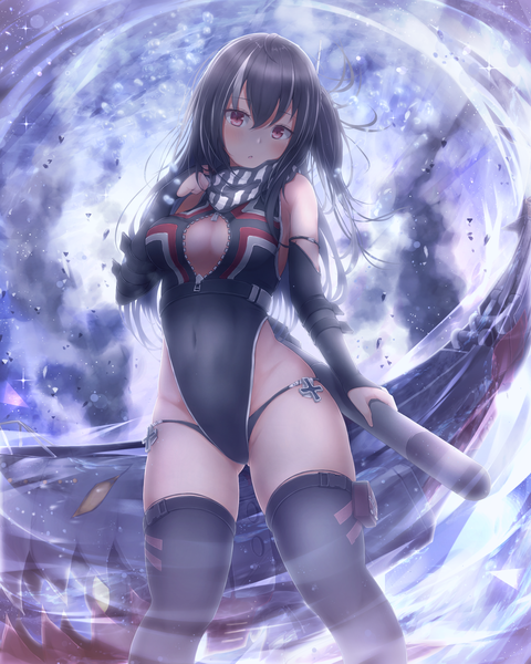 Anime picture 1600x2000 with azur lane u-47 (azur lane) absent single long hair tall image looking at viewer blush fringe open mouth light erotic black hair hair between eyes red eyes standing holding multicolored hair two-tone hair from below streaked hair