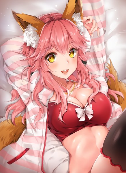 Anime picture 1100x1510 with fate (series) fate/extra tamamo (fate) (all) tamamo no mae (fate) nia (leafunia) single long hair tall image looking at viewer blush fringe breasts open mouth light erotic smile hair between eyes large breasts animal ears yellow eyes payot