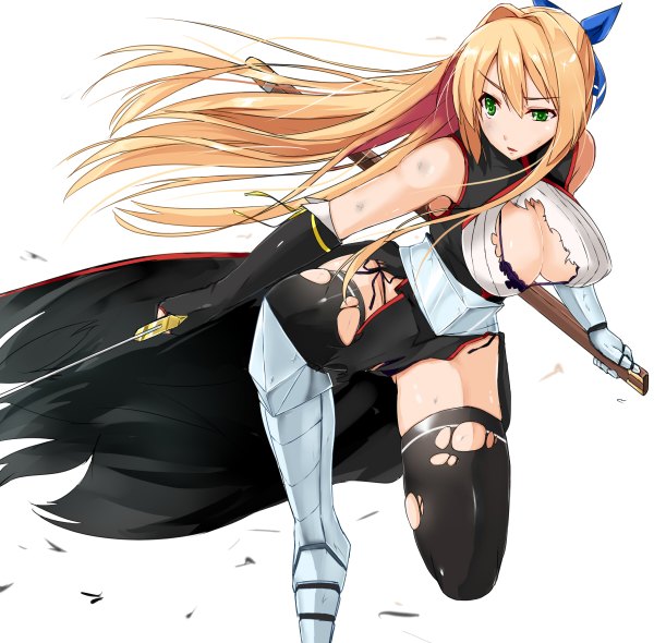 Anime picture 1200x1180 with original takara joney single long hair breasts light erotic large breasts white background bare shoulders green eyes torn clothes knight girl thighhighs gloves underwear ribbon (ribbons) hair ribbon detached sleeves elbow gloves