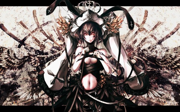 Anime picture 1920x1200 with banpai akira highres black hair red eyes wide image bunny ears nun wings cross crown