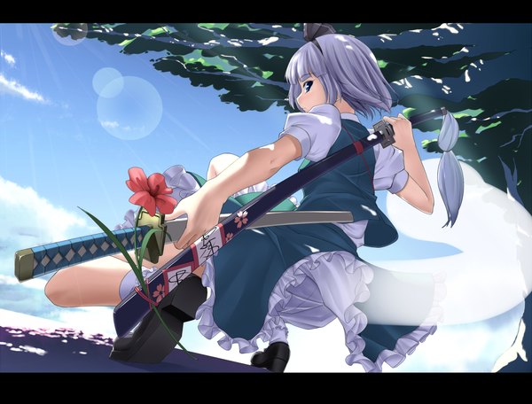 Anime picture 1000x760 with touhou konpaku youmu eto mino106 single short hair blue eyes silver hair girl dress skirt flower (flowers) weapon sword hairband katana skirt set