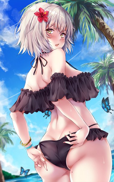 Anime picture 670x1062 with fate (series) fate/grand order jeanne d'arc (fate) (all) jeanne d'arc alter (fate) marisasu (marisa0904) single tall image looking at viewer blush fringe short hair breasts open mouth light erotic hair between eyes standing yellow eyes sky silver hair cloud (clouds)