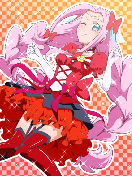 Anime picture 600x800 with precure mahou girls precure! toei animation hanami kotoha cure felice cure miracle (cosplay) tj-type1 single tall image looking at viewer blush smile pink hair braid (braids) one eye closed aqua eyes wink sparkle puffy sleeves twin braids