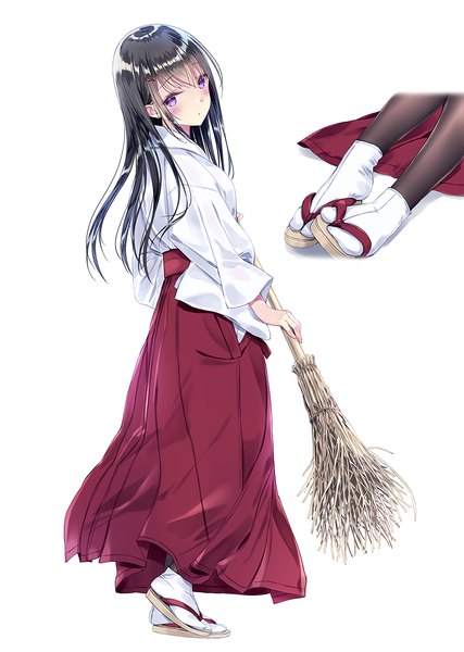 Anime picture 850x1193 with original kobayashi chisato long hair tall image looking at viewer blush fringe black hair simple background hair between eyes standing white background purple eyes holding payot full body traditional clothes head tilt japanese clothes turning head