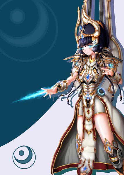 Anime picture 1654x2339 with starcraft blizzard entertainment artanis wakaura asaho single long hair tall image fringe blue eyes simple background standing blue hair looking away shadow glowing glowing eye (eyes) genderswap personification glowing weapon girl