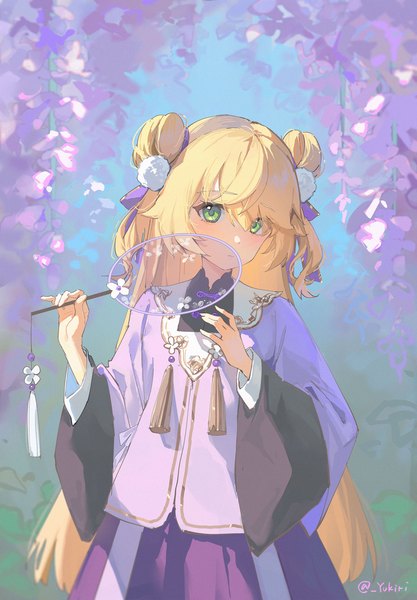 Anime picture 2500x3597 with genshin impact fischl (genshin impact) yukiri (l ii) single long hair tall image looking at viewer fringe highres blonde hair hair between eyes standing holding green eyes signed upper body long sleeves traditional clothes hair bun (hair buns) two side up