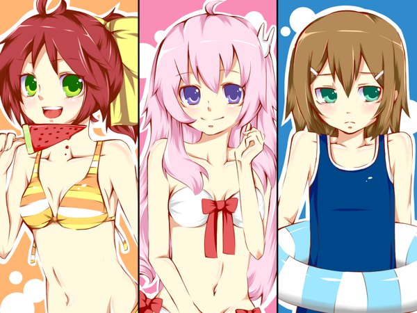 Anime picture 1200x900 with baka to test to shoukanjuu silver link kinoshita hideyoshi himeji mizuki shimada minami richard (ri39p) long hair blush short hair light erotic smile brown hair purple eyes green eyes pink hair red hair aqua eyes multiview otoko no ko girl