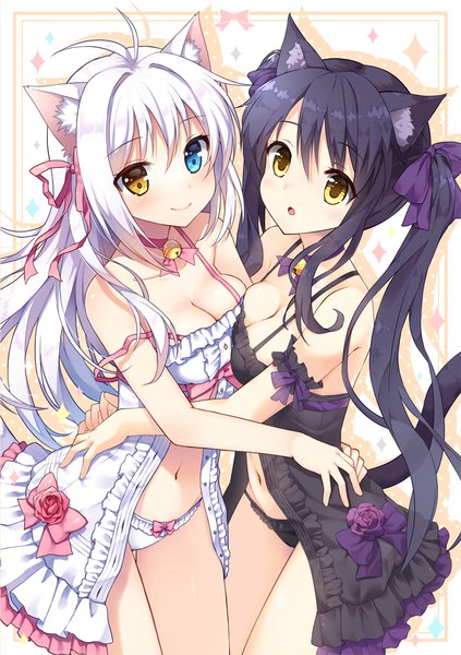 Anime picture 760x1079 with original aina rive mauve long hair tall image open mouth light erotic black hair smile twintails multiple girls animal ears yellow eyes white hair tail animal tail cat ears cat girl cat tail hug