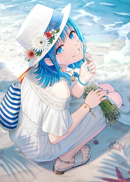 Anime picture 1144x1600 with original hyuuga azuri single long hair tall image looking at viewer fringe blue eyes smile holding blue hair full body outdoors blunt bangs nail polish fingernails from above short sleeves beach grin