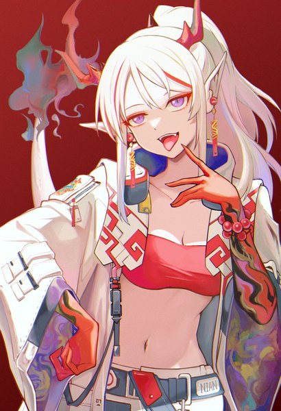 Anime picture 1020x1491 with arknights nian (arknights) esoul single long hair tall image short hair open mouth simple background purple eyes looking away cleavage white hair ponytail tail pointy ears open jacket hand on hip finger to mouth red background