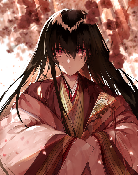 Anime picture 1200x1517 with fate (series) fate/grand order murasaki shikibu (fate) kuga huna single long hair tall image looking at viewer fringe black hair hair between eyes upper body traditional clothes japanese clothes pink eyes multicolored hair sunlight cherry blossoms shaded face colored inner hair
