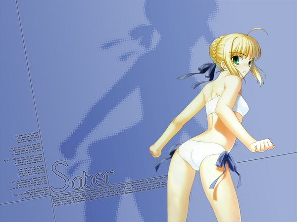 Anime picture 1024x768 with fate (series) fate/stay night studio deen type-moon artoria pendragon (all) saber takeuchi takashi light erotic blonde hair green eyes ass looking back official art wallpaper ribbon (ribbons) swimsuit bikini