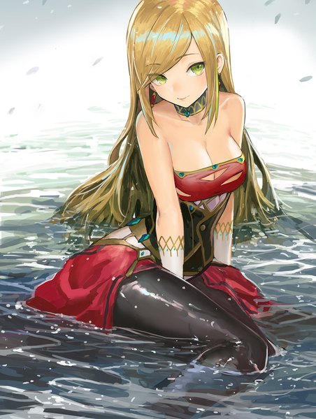 Anime picture 1131x1500 with sdorica -sunset- angelia canking single long hair tall image blush fringe breasts light erotic blonde hair large breasts sitting bare shoulders green eyes payot looking away cleavage hair over one eye wet