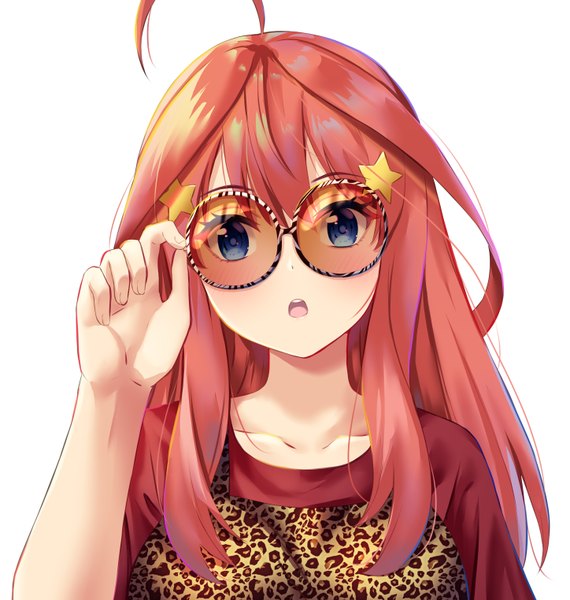 Anime picture 1447x1522 with go-toubun no hanayome nakano itsuki hofumaso single long hair tall image looking at viewer blush fringe open mouth blue eyes simple background hair between eyes payot upper body ahoge red hair :o portrait animal print