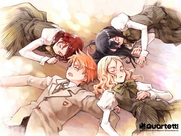 Anime picture 1199x900 with quartett! littlewitch charlotte francia juni argiano li shuhua phill junhers oyari ashito long hair fringe short hair black hair blonde hair hair between eyes brown hair multiple girls eyes closed orange hair puffy sleeves copyright name sleeping