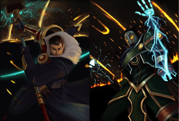 Anime picture 2931x1977 with league of legends viktor (league of legends) jayce (league of legends) highres short hair blue eyes black hair signed yellow eyes magic glowing dark background multiview open collar fantasy serious battle lightning electricity science fiction