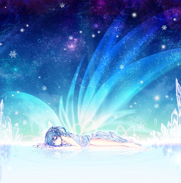 Anime picture 1282x1295 with vocaloid hatsune miku mokoppe single long hair tall image blue eyes twintails blue hair lying barefoot short twintails snowing winter snow girl dress wings water moon