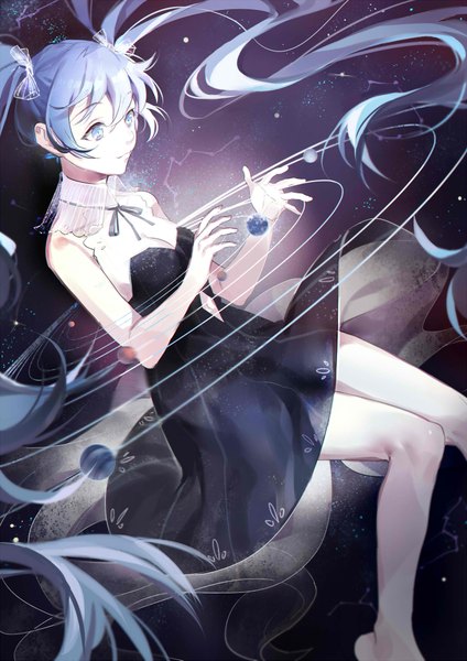 Anime picture 1500x2121 with vocaloid hatsune miku rosele single long hair tall image fringe blue eyes smile twintails bare shoulders blue hair looking away barefoot bare legs no shoes constellation girl dress bow