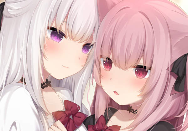 Anime picture 1000x697 with original nachi long hair looking at viewer blush fringe open mouth simple background hair between eyes red eyes white background purple eyes multiple girls animal ears pink hair upper body white hair blunt bangs light smile cat ears