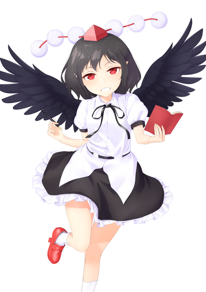 Anime picture 1447x2047 with touhou shameimaru aya kanpa (campagne 9) single tall image looking at viewer short hair black hair simple background smile red eyes white background short sleeves grin black wings frilly skirt girl skirt shirt wings