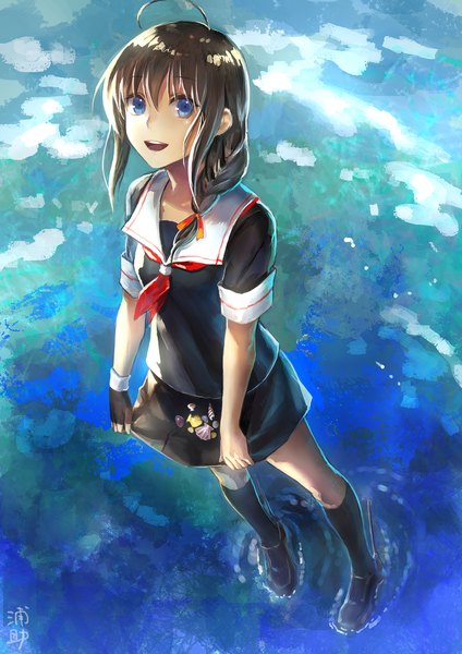 Anime picture 1060x1500 with kantai collection shigure destroyer uraki (tetsu420) single long hair tall image looking at viewer fringe open mouth blue eyes smile brown hair standing signed ahoge braid (braids) pleated skirt from above wind single braid