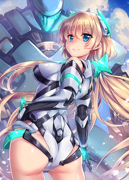 Anime picture 744x1036 with expelled from paradise angela balzac ks single tall image looking at viewer fringe breasts blue eyes light erotic blonde hair smile large breasts standing twintails cloud (clouds) ass very long hair looking back hand on hip