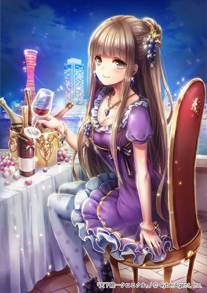 Anime picture 600x849 with original kempin single long hair tall image blue eyes smile brown hair sitting girl dress hair ornament earrings pendant wine glass
