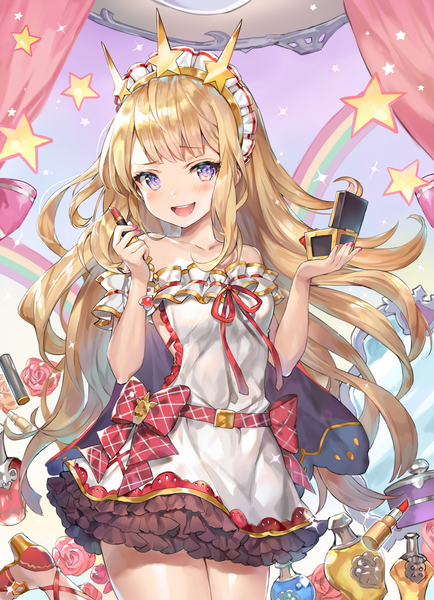 Anime picture 1000x1383 with granblue fantasy cagliostro (granblue fantasy) momoko (momopoco) single long hair tall image looking at viewer blush fringe open mouth blonde hair smile standing purple eyes bare shoulders holding nail polish :d high heels standing on one leg
