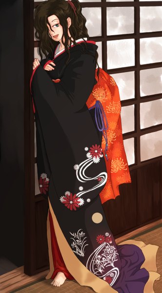 Anime picture 748x1350 with nurarihyon no mago kejourou (nurarihyon) tagme (artist) single long hair tall image fringe breasts black hair green eyes ponytail long sleeves traditional clothes parted lips japanese clothes barefoot light smile hair over one eye hand on chest crossed arms