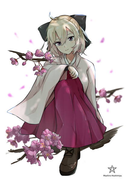 Anime picture 1062x1500 with fate (series) fate/grand order okita souji (fate) (all) okita souji (koha-ace) hoshimiya mashiro single tall image looking at viewer fringe short hair simple background blonde hair smile hair between eyes white background sitting signed full body ahoge bent knee (knees)