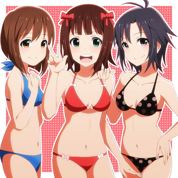 Anime picture 1000x1000 with idolmaster amami haruka kikuchi makoto hagiwara yukiho laco soregashi looking at viewer short hair breasts open mouth black hair smile brown hair bare shoulders multiple girls brown eyes green eyes ahoge aqua eyes black eyes hand on hip