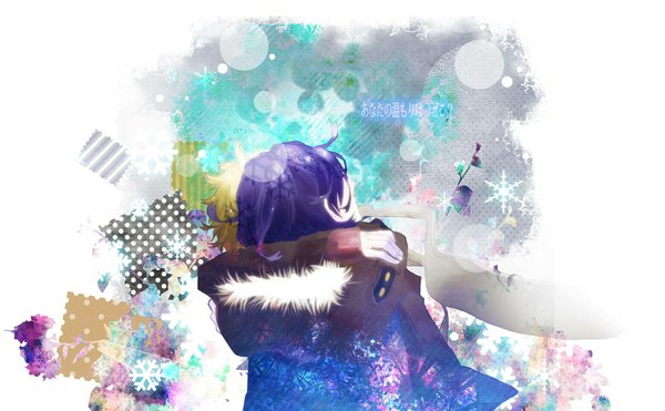 Anime picture 1152x714 with shiki yuuki natsuno mutou tohru short hair blonde hair simple background wide image purple hair multiple boys hug back hieroglyph boy fur 2 boys