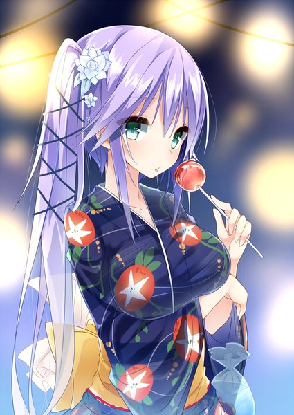 Anime picture 1000x1412 with original yukaribe setsuko kazu kakao single long hair tall image looking at viewer blue eyes blue hair traditional clothes japanese clothes side ponytail girl hair ornament flower (flowers) food fruit yukata candy apple morning glory
