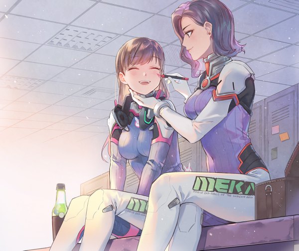 Anime picture 2427x2042 with overwatch blizzard entertainment d.va (overwatch) d.mon (overwatch) lino chang long hair blush fringe highres short hair breasts open mouth smile brown hair large breasts sitting multiple girls brown eyes purple hair indoors