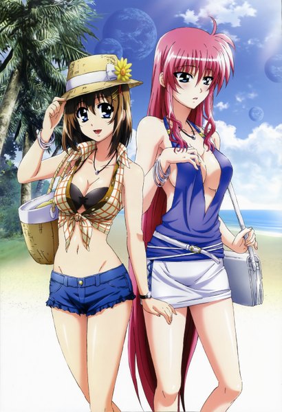 Anime picture 4089x5977 with mahou shoujo lyrical nanoha nyantype yagami hayate signum tall image highres blue eyes light erotic brown hair pink hair absurdres ahoge official art beach girl swimsuit plant (plants) hat miniskirt tree (trees)