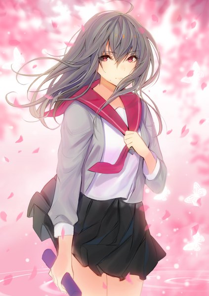 Anime picture 613x869 with original lloule single long hair tall image looking at viewer fringe hair between eyes red eyes ahoge wind grey hair mole cherry blossoms graduation girl uniform petals serafuku insect