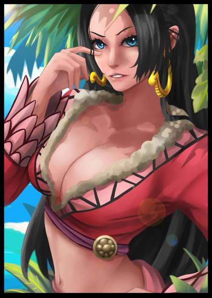Anime picture 800x1125 with one piece toei animation boa hancock ari rayoko single long hair tall image looking at viewer breasts blue eyes light erotic black hair large breasts payot sky cleavage cloud (clouds) upper body outdoors parted lips