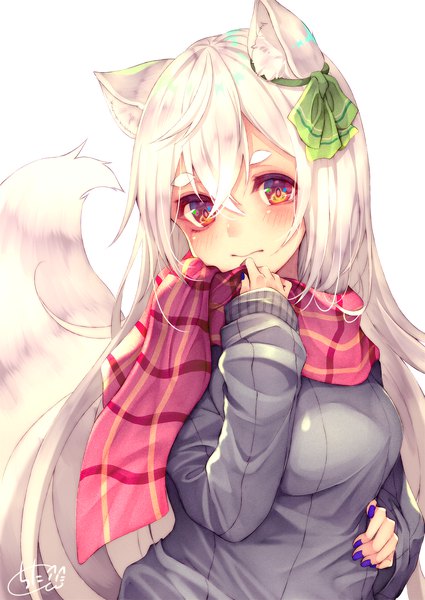 Anime picture 1417x2000 with original chita (ketchup) single long hair tall image looking at viewer blush fringe simple background hair between eyes standing white background signed animal ears upper body white hair tail nail polish animal tail fingernails