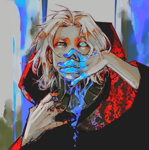 Anime picture 800x803 with tokyo ghoul studio pierrot takizawa seidou iacediai single tall image looking at viewer short hair blue eyes brown eyes upper body ahoge white hair nail polish arms up heterochromia covered mouth hand to mouth spoilers crazy eyes
