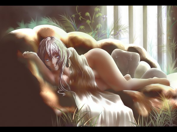 Anime picture 1600x1200 with vocaloid megurine luka poker-face-008 single long hair looking at viewer breasts blue eyes light erotic pink hair lying barefoot letterboxed girl plant (plants) pillow grass couch blanket