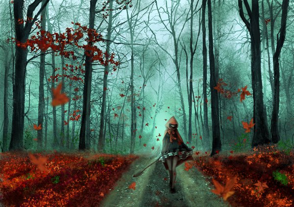 Anime picture 2038x1440 with original ximbixill single highres wind walking bare tree autumn fog girl dress plant (plants) pantyhose tree (trees) black dress hood leaf (leaves) blood forest autumn leaves