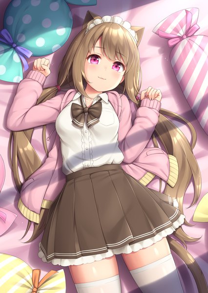 Anime picture 880x1240 with original sasaame single long hair tall image looking at viewer blush fringe smile brown hair twintails animal ears payot tail lying long sleeves animal tail pleated skirt pink eyes cat ears