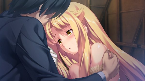 Anime picture 1024x575 with d-eve in you yusa shoko long hair blush blonde hair wide image yellow eyes game cg girl