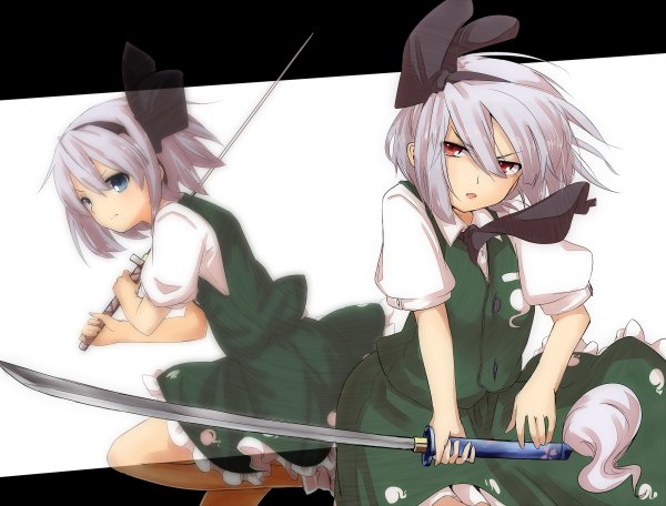 Anime picture 1200x912 with touhou konpaku youmu katanakko daisuki short hair blue eyes red eyes multiple girls white hair girl skirt weapon 2 girls sword katana skirt set