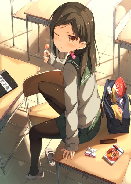 Anime picture 1000x1399 with original kinta (distortion) single long hair tall image blush brown hair brown eyes one eye closed wink girl uniform school uniform pantyhose sweets desk pocky