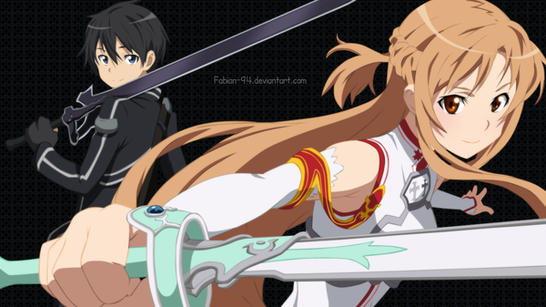 Anime picture 1366x768 with sword art online a-1 pictures yuuki asuna kirigaya kazuto fabiansm long hair short hair blue eyes black hair simple background smile brown hair wide image brown eyes looking back sleeveless coloring black background girl boy