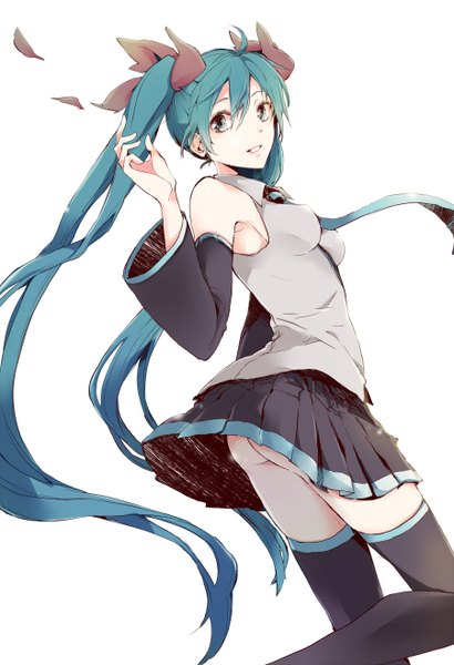 Anime picture 900x1316 with vocaloid hatsune miku mayumelo single tall image looking at viewer light erotic simple background white background twintails bare shoulders ass very long hair aqua eyes aqua hair girl thighhighs bow black thighhighs hair bow